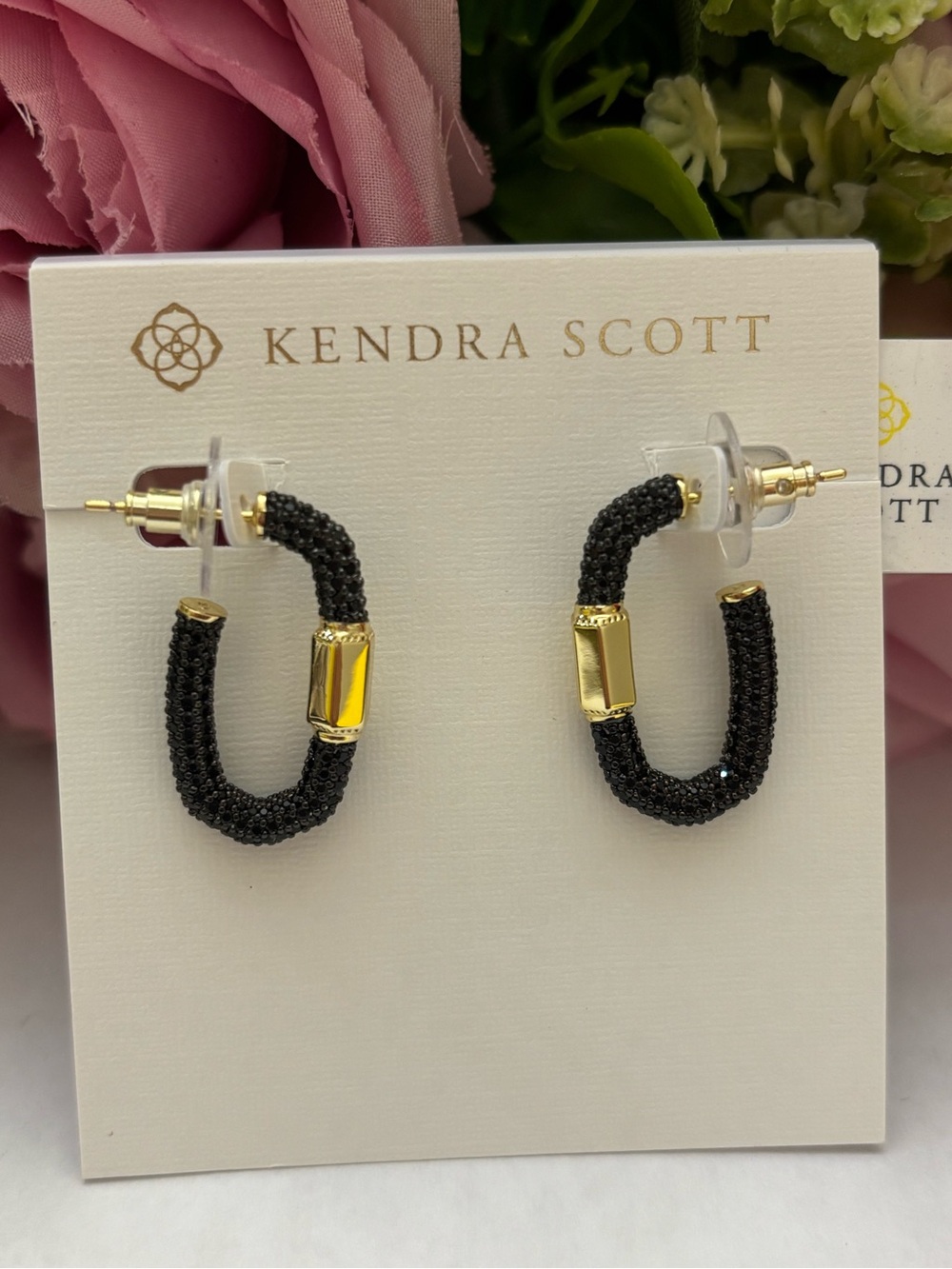 NWT Kendra Scott Emery Hoop Earrings in Gold Black Crystal